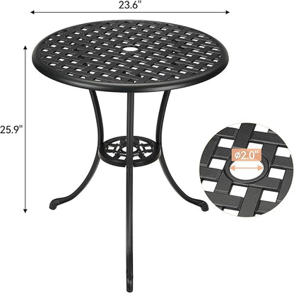 IDEALHOUSE 24-Inch Outdoor Patio Bistro Round CoffeeTable – Cast Aluminum Coffee & Dining Table with 2 Inch Umbrella Hole, Sturdy Iron Frame, Perfect for Balcony, Backyard, Lawn & Garden, Black