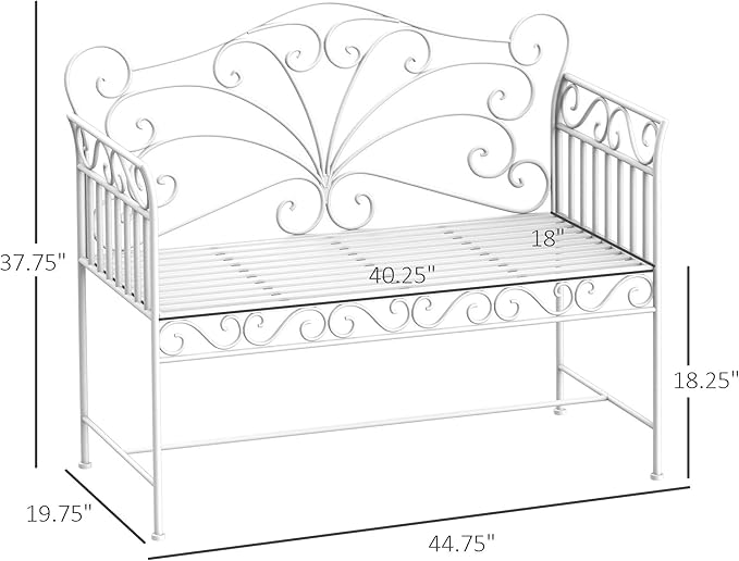 White Metal Outdoor Bench for Garden, Patio & Porch