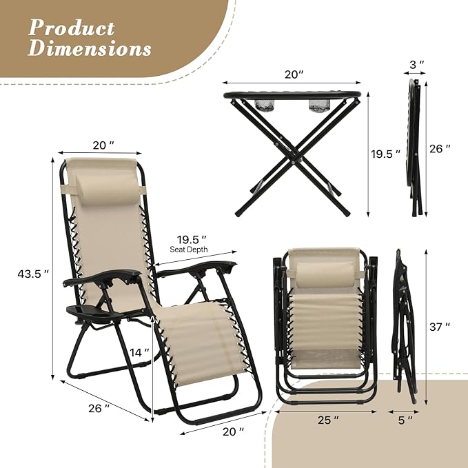 Athena Collection Zero Gravity Outdoor Lounge Chair Set of 2 with Side Table - Photo 3