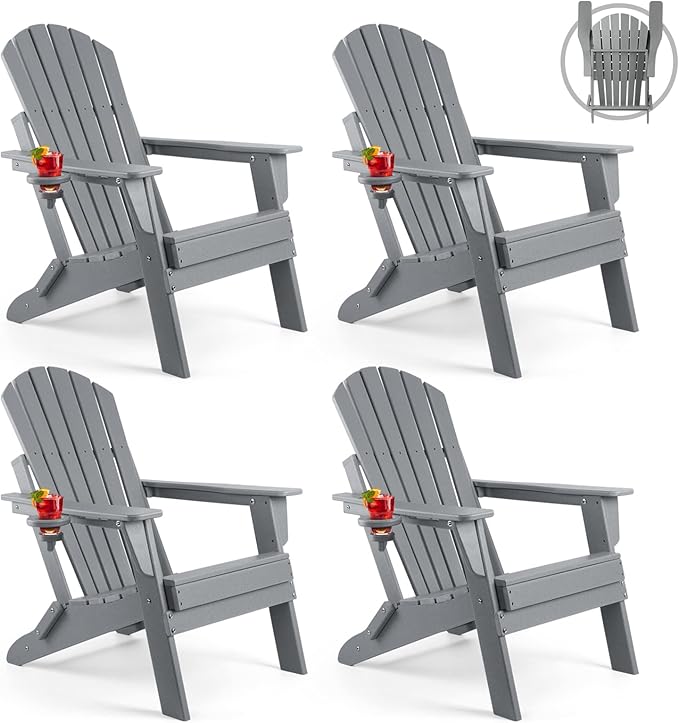 FUNBERRY Folding Adirondack Chair Set of 4, All Weather HDPE Fire Pit Chairs with Cup Holder for Outdoor - Photo 1