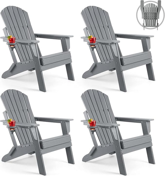 FUNBERRY Folding Adirondack Chair Set of 4, All Weather HDPE Fire Pit Chairs with Cup Holder for Outdoor