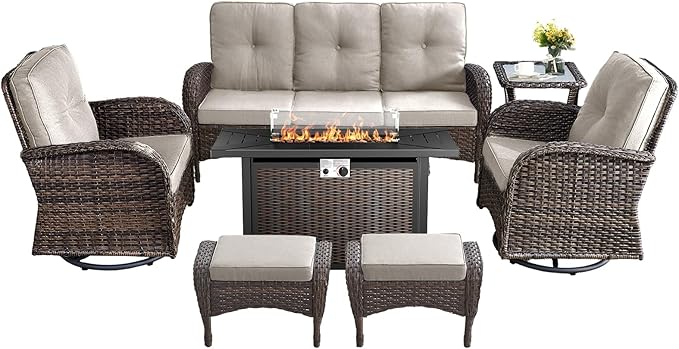7 Pieces Outdoor Furniture with Fire Pit Deep Seating Wicker Patio Couch with Patio Swivel Chairs Outdoor Furniture Set for Deck Porch Garden Balcony Poolside-Brown/Beige