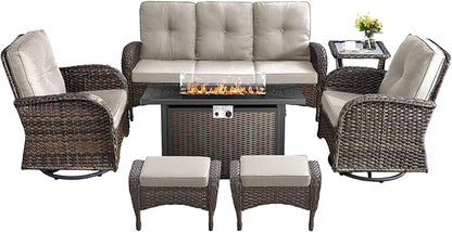 7 Pieces Outdoor Furniture with Fire Pit Deep Seating Wicker Patio Couch with Patio Swivel Chairs Outdoor Furniture Set for Deck Porch Garden Balcony Poolside-Brown/Beige