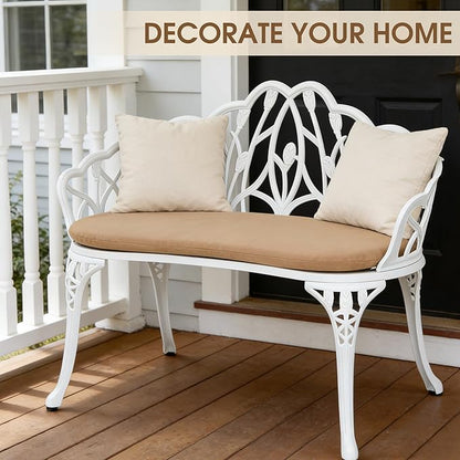 Outdoor Bench with Cushion, Cast Aluminum Double Seating with Backrest and Armrests, Mental Outdoor Furniture for Patio, Porch, Garden, Park, White Tulip
