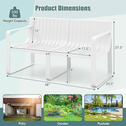 Tangkula Patio Loveseat, Weather-Resistant Plastic 2-Person Bench with Curved Backrest, Outdoor Conversation Furniture with Slatted Design for Patio, Poolside, Backyard, Garden, Deck, Lawn (White)