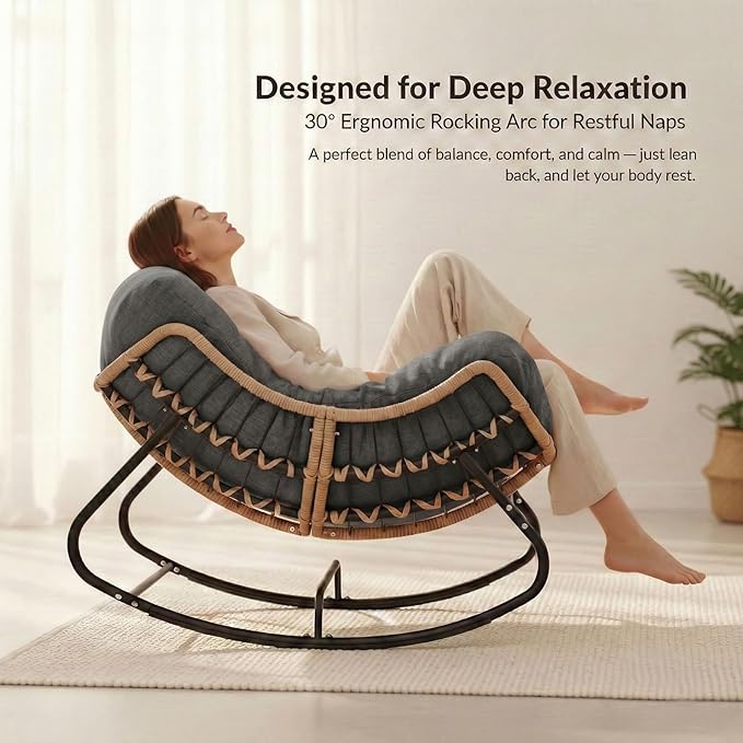 Oversized Papasan Rocking Chair Outdoor, Comfy Wicker Patio Papasan Egg Rocker with Thick Cushion for 450 lbs - Photo 5