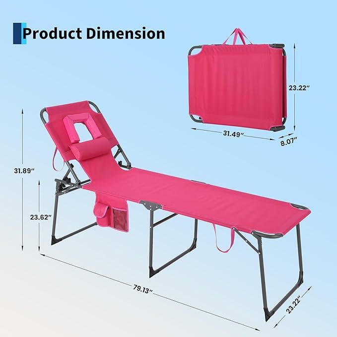 Tanning Chair with Face Hole Folding Beach Lounge Chair, 5-Position Adjustable Backrest, Pillow & Side Pocket - Photo 2