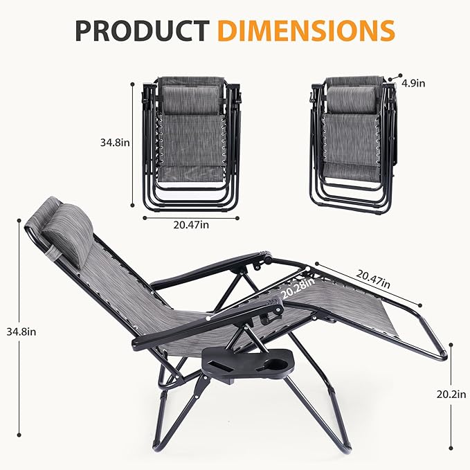 NEWBULIG Zero Gravity Chair Set of 2, Lounge Chair Folding Portable Adjustable Camping Reclining Chairs with Adjustable Pollow, Mesh Back, Cup Holder Trays Lawn Patio Chair for Pool Beach