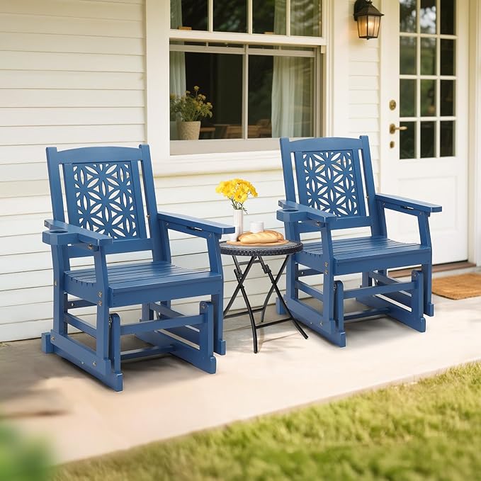 VINGLI Fir Wood Outdoor Glider with Floral Backrest, Wooden Patio Gliding Bench with Cup Holders - Photo 2