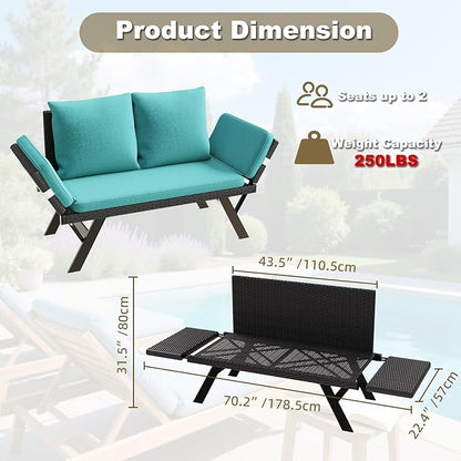 TAVATA Outdoor Convertible Sofa, Woven Rattan Loveseat Patio Furniture Couch with Adjustable Armrests, Removable Cushions & Pillows, Balcony Couch Daybed for Porch, Backyard, Deck, Poolside (Blue)