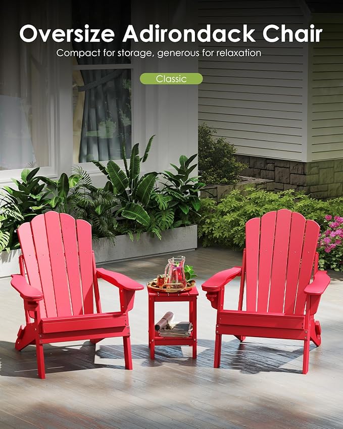 GREENVINES Oversized-Folding-Adirondack-Chairs-Set-of-4 | HDPE Plastic | Cup Holder | Fire Pit Chair | All Weather | for Outdoor Deck Backyard | Red