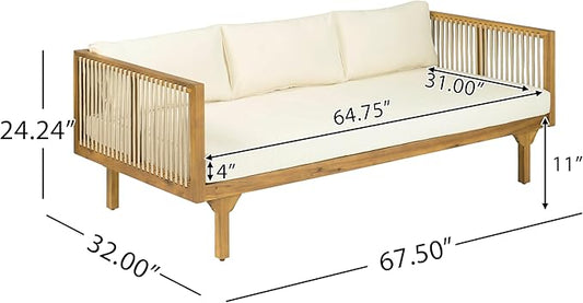 Merax Acacia Wood Outdoor Patio Loveseat Sofa w/Coushion and & Light Brown Rope, 3-Seater Sofa Daybed for Backyard, Lawn, Deck, Balcony, Water Repellent Fabric, 600 lbs Capacity, Teak +Beige
