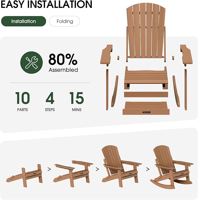 Adirondack Rocking Chair with Retractable Ottoman Set of 4, 4-in-1 Foldable Reclining Patio Chair, HDPE Wood-Look Outdoor Rocker for Porch, Garden & Poolside, Teak