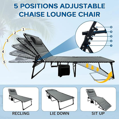 Outdoor Folding Lounge Chair with Removable Canopy & Pillow, Padded Reclining Chaise Lounge Chair 5-Position Heavy Duty Beach Chair for Patio, Beach, Pool, Camping
