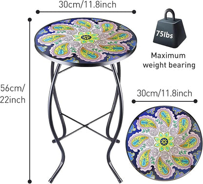 12 Inch Small Outdoor Side Table with Purple Flower, Glass Mosaic Patio Table Indoor, Round Plant Coffee Table for Living Room, Balcony, Garden
