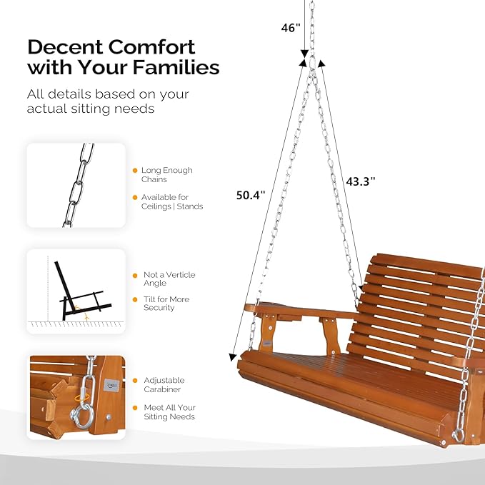 VINGLI XL Size Patio Wooden Porch Swing Outdoor with Cup Holders & Phone Slots - Photo 3