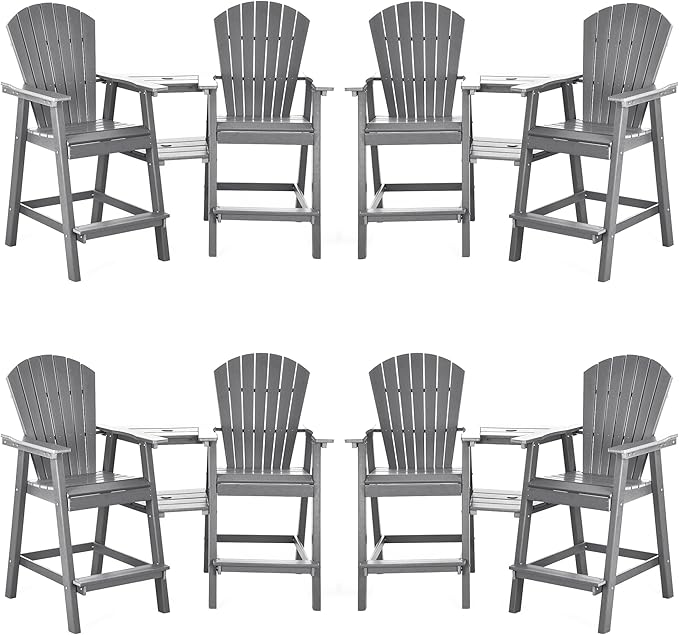 Tall Adirondack Chairs Set of 8, HDPE Balcony Chair with Double Connecting Tray, Weather Resistant Outdoor Adirondack Bar Stools for Patio, Deck, Patio, Backyard, Balcony. (Grey)
