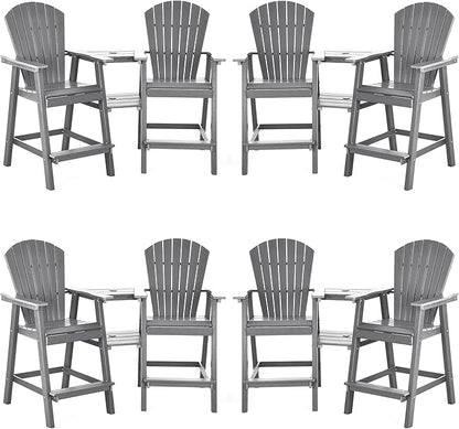 Tall Adirondack Chairs Set of 8, HDPE Balcony Chair with Double Connecting Tray, Weather Resistant Outdoor Adirondack Bar Stools for Patio, Deck, Patio, Backyard, Balcony. (Grey)