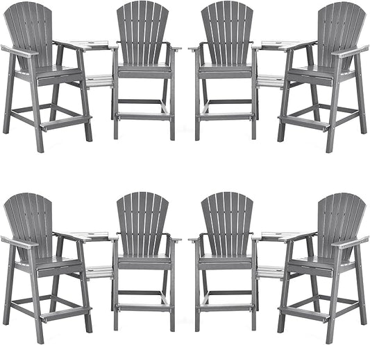 Tall Adirondack Chairs Set of 8, HDPE Balcony Chair with Double Connecting Tray, Weather Resistant Outdoor Adirondack Bar Stools for Patio, Deck, Patio, Backyard, Balcony. (Grey)