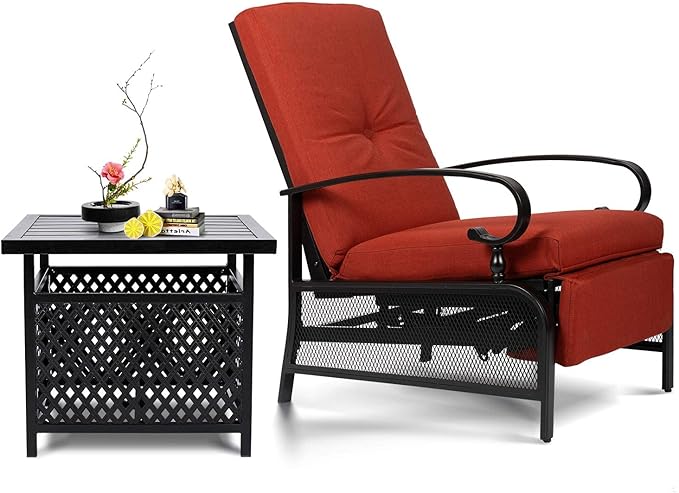 SUNCROWN Outdoor Recliner Chair Patio Adjustable Recliner Chair and Side Bistro Table with Umbrella Hole, Red