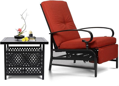 SUNCROWN Outdoor Recliner Chair Patio Adjustable Recliner Chair and Side Bistro Table with Umbrella Hole, Red
