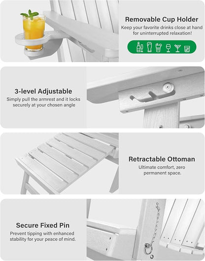 YEFU Adirondack Chair with Retractable Ottoman: Adjustable Folding Adirondack Chairs with Cup Holder - HDPE Plastic Outdoor Fire Pit Chairs Set of 8 - All Weather for Patio/Firepit/outside/Pool(White)