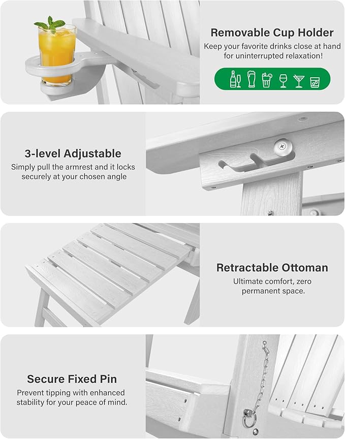 YEFU Adirondack Chair with Retractable Ottoman: Adjustable Folding Adirondack Chairs with Cup Holder - HDPE Plastic Outdoor Fire Pit Chairs Set of 6 - All Weather for Patio/Firepit/outside/Pool(White)