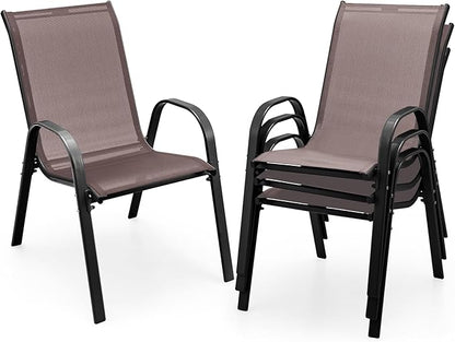 COSTWAY Patio Dining Chairs Set of 4, Stackable Outdoor Chairs with Armrest and High Back, Breathable Fabric & Metal Frame Chair for Garden Poolside Backyard Deck (Brown)