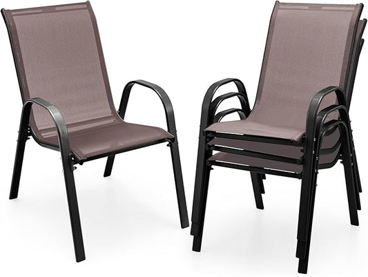 COSTWAY Patio Dining Chairs Set of 4, Stackable Outdoor Chairs with Armrest and High Back, Breathable Fabric & Metal Frame Chair for Garden Poolside Backyard Deck (Brown)