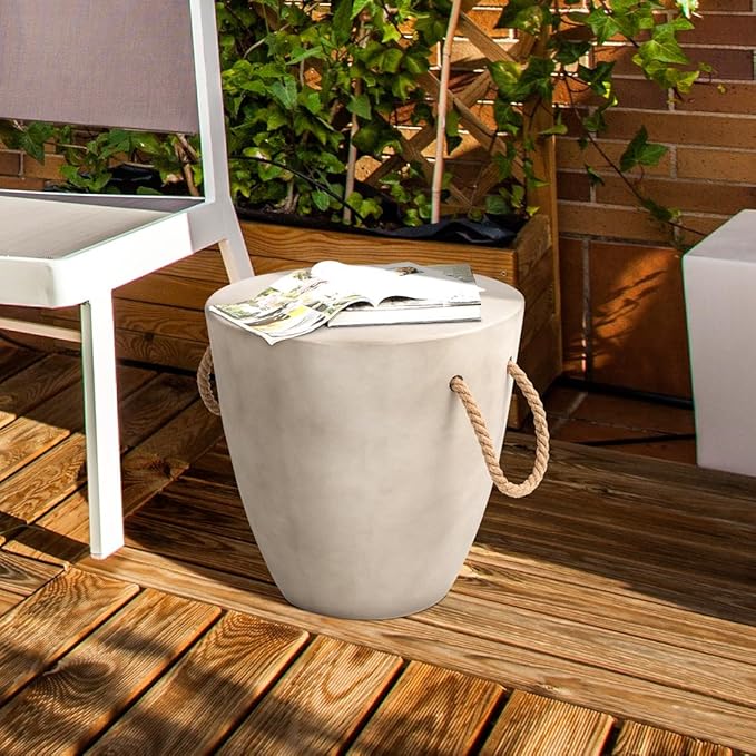 SUNBURY Outdoor Side Table Concrete Side Table, 17" H Small Outdoor Side Table End Table for Patio w Hemp Rope, Ceramic Round Coffee Table Accent Table Garden Outdoor Plant Stands