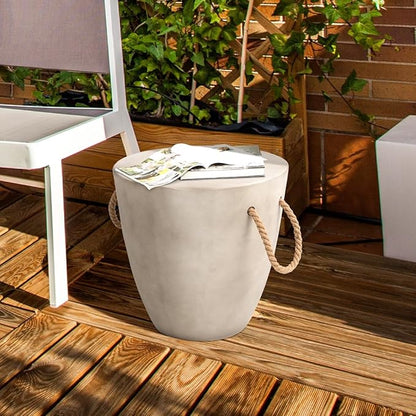 SUNBURY Outdoor Side Table Concrete Side Table, 17" H Small Outdoor Side Table End Table for Patio w Hemp Rope, Ceramic Round Coffee Table Accent Table Garden Outdoor Plant Stands