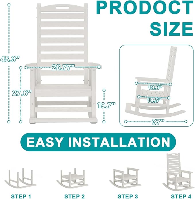 PLUUV Outdoor Rocking Chair Set of 2 with Removable Footboard for Adults, HDPE High Back Patio Rocking Chairs, 330lbs All Weather Porch Rocking Chairs for Outdoor & Indoor -White