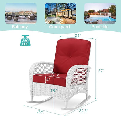 MEETWARM Outdoor Wicker Rocking Chairs Set of 2, Rattan Patio Rocker Chairs with Thick Cushions and High Back, All-Weather Patio Wicker Chair with Safe Rocking Design for Garden, White/Red