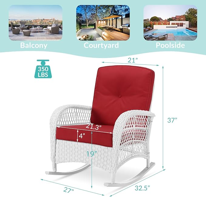 MEETWARM Outdoor Wicker Rocking Chair, Rattan Patio Rocker Chairs with Cushions and High Back, All-Weather Patio Wicker Chair with Safe Rocking Design for Garden Backyard Porch, White/Red