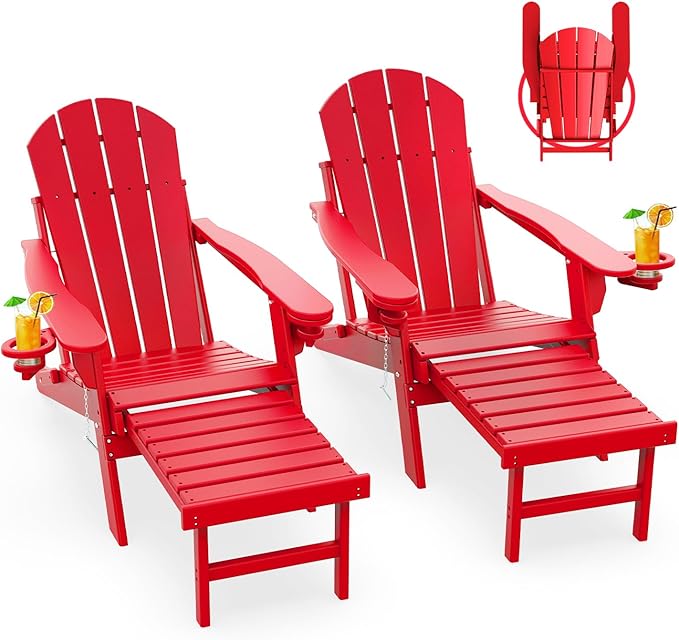 GREENVINES Adirondack-Chairs-with-Ottoman | Set of 2 | Folding | Retractable-Footrest | HDPE Plastic | All Weather Fire Pit Chair | Cup Holders | Red | for Outdoor Poolside