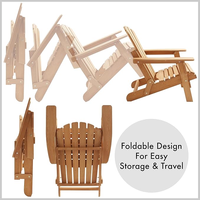 Casafield Oversized Folding Adirondack Chair, Cedar Wood Outdoor Fire Pit Lounge Chairs for Patio, Deck, Yard, Lawn and Garden Seating, Partially Pre-Assembled - Natural