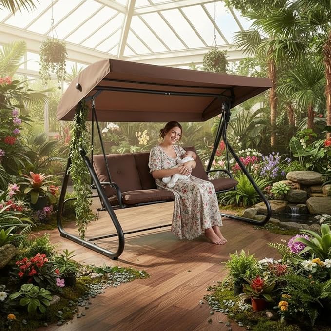 3-Seat Outdoor Convertible Swing Glider with Adjustable Canopy, 2-in-1 Bench to Flat Bed, Removable Cushions - Photo 8