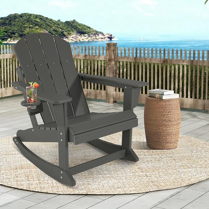 Outdoor Rocking Chair, HDPE Poly All-Weather Patio Rocking Chairs with Cup Holder for Adults, Porch Rocker for Deck Patio Balcony, 440lbs, Dark Gray