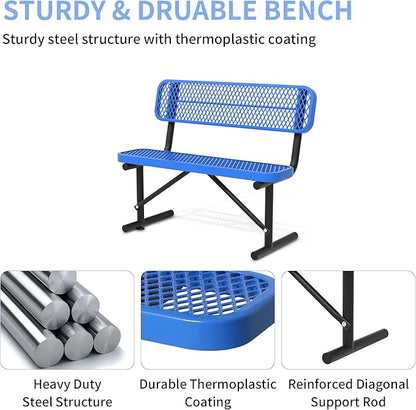 4 Ft Metal Park Bench for Outside, All-Weather Thermoplastic Coating Outdoor Bench with Backrest, Commercial Heavy Duty Benches for Shopping Malls, Stores, Parks, Patios, Decks, Blue