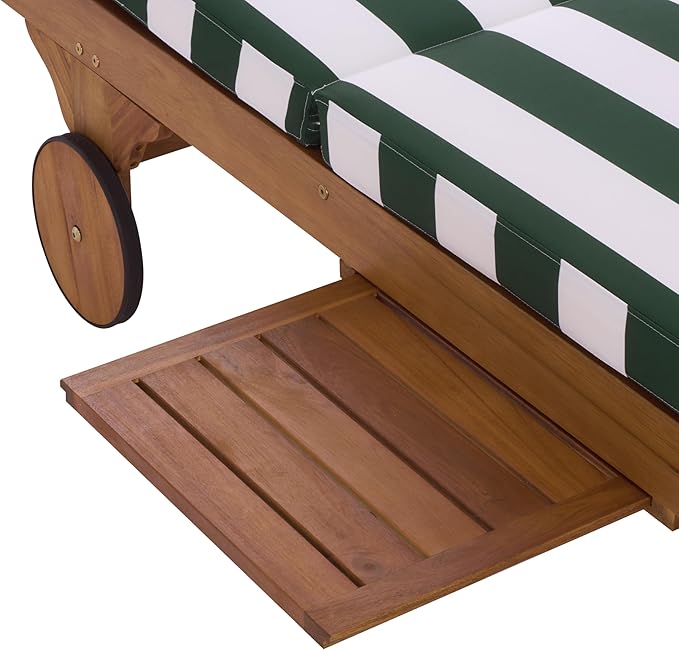 SAFAVIEH Outdoor Patio Furniture Collection - Newport Natural Solid Wood Chaise Lounge Chair with Green Stripe Cushion, Adjustable Backrest (PAT7316H)