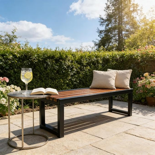 Outdoor Garden Bench, Metal Frame with Wood Patio Dining Bench, 3.3ft 3.9ft 4.9ft 5.9ft Weatherproof Park Front Porch Benches for Backyard Outside, Entryway Chair, Outdoor Furniture(Brown,3.93ft)