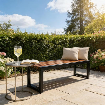 Outdoor Garden Bench, Metal Frame with Wood Patio Dining Bench, 3.3ft 3.9ft 4.9ft 5.9ft Weatherproof Park Front Porch Benches for Backyard Outside, Entryway Chair, Outdoor Furniture(Brown,5.9ft)