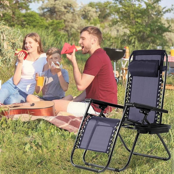 Dkeli Zero Gravity Chair Patio Chair Lounge Chair Chaise 2 Pack Outdoor Folding Adjustable Recliner Chair with Cup Holder Tray and Pillows for Patio, Pool, Beach, Lawn, Deck, Yard Blue