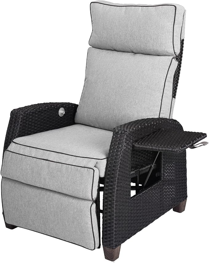 Grand patio Outdoor Recliner Chair Patio 150° Lay Flat Recliner with Flip Table Wicker Reclining Lounge Chair, Griege - Photo 8