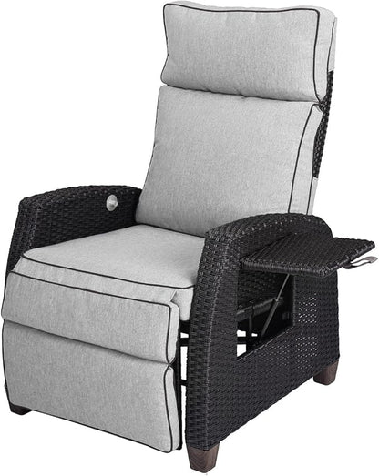 Grand patio Outdoor Recliner Chair Patio 150° Lay Flat Recliner with Flip Table Wicker Reclining Lounge Chair, Griege