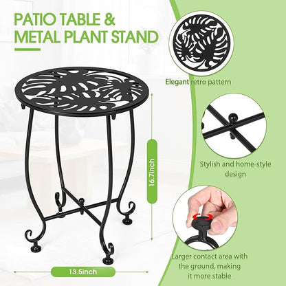 Thyle 2 Pcs Outdoor Side Table with Flower Cutout 13" Metal Small Round Weather Resistant Patio Side Tables for Outside, Balcony, Porch, Garden Bistro Indoor Outdoor Yard(Monstera Leaf)