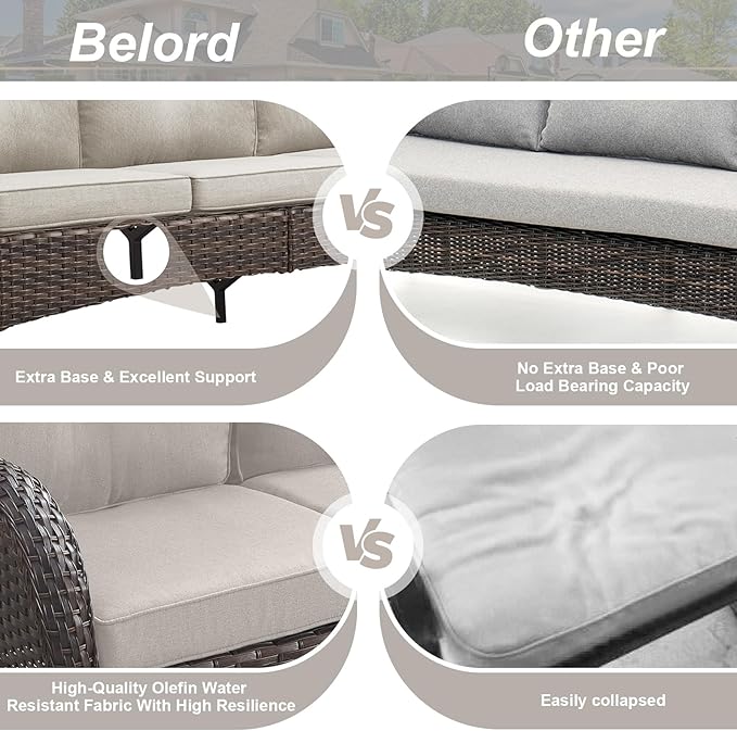 Belord Outdoor Patio Furniture - Wicker Sofa with Removable Cushion, 3 Seater Rattan Couch with Deep Seat, High Backrest, All-Weather for Balcony, Deck, Backyard, Brown/Beige