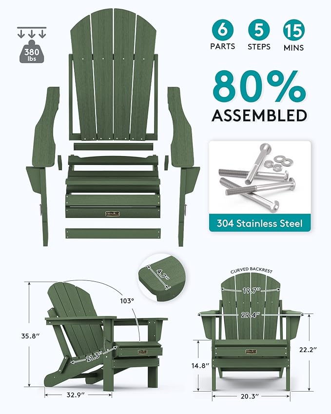 SERWALL Folding Adirondack Chair Set of 8, Weather Resistant Patio Chair with Cup Holder for Patio Garden Outdoors Fire Pit- Army