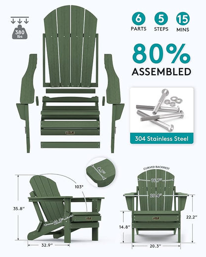 SERWALL Folding Adirondack Chair Set of 8, Weather Resistant Patio Chair with Cup Holder for Patio Garden Outdoors Fire Pit- Army