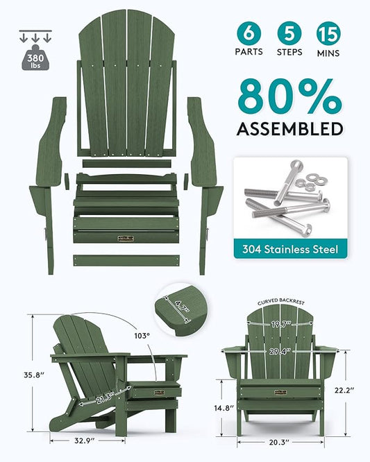 SERWALL Folding Adirondack Chair Set of 8, Weather Resistant Patio Chair with Cup Holder for Patio Garden Outdoors Fire Pit- Army